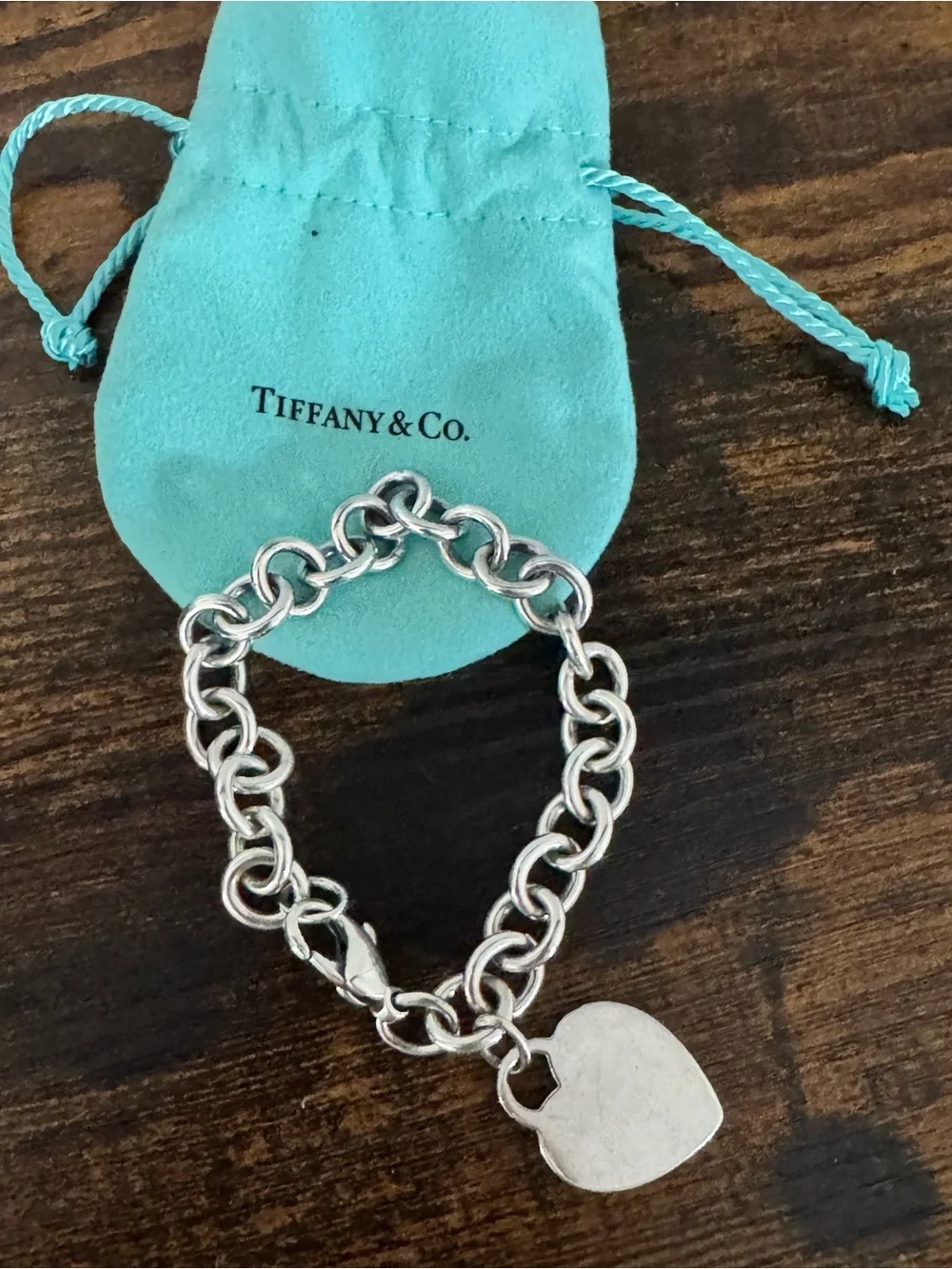 Tiffany & Co. Silver Heart Tag Charm Bracelet with Blue Pouch